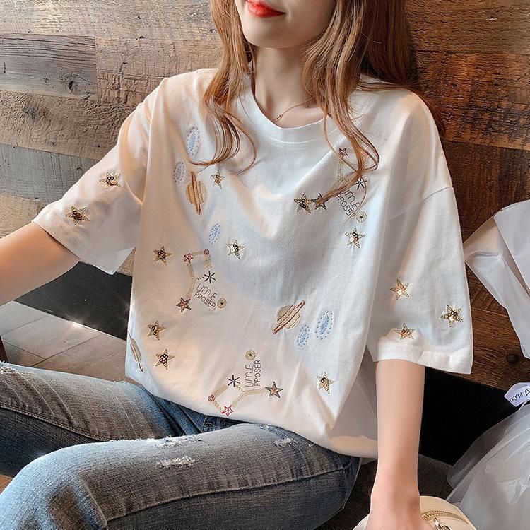 Tシャツ レディース 40代 春夏新作 オシャレブラウス 白Tシャツ 半袖トップス ラインストーンTブラウス 大人 通勤 ゆったりTシャツ キラキラ 韓国風 30代 Tシャツ レディース 40代 春夏新作 オシャレ 白Tシャツ 半袖