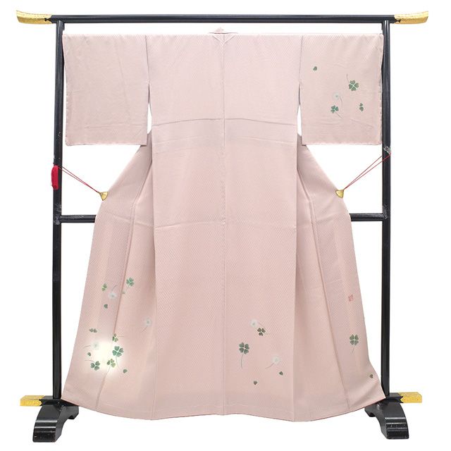 新古品 付下げ 着物 ♥ 正絹 袷 落款有り 手染め ローズダスト色 クローバー 綿毛 地紋 市松 おしゃれ 春 秋 冬 付け下げ 着物 くすみピンク 仕立て上がり 身丈165 裄丈69.5 Ｌサイズ みやがわ sb16373