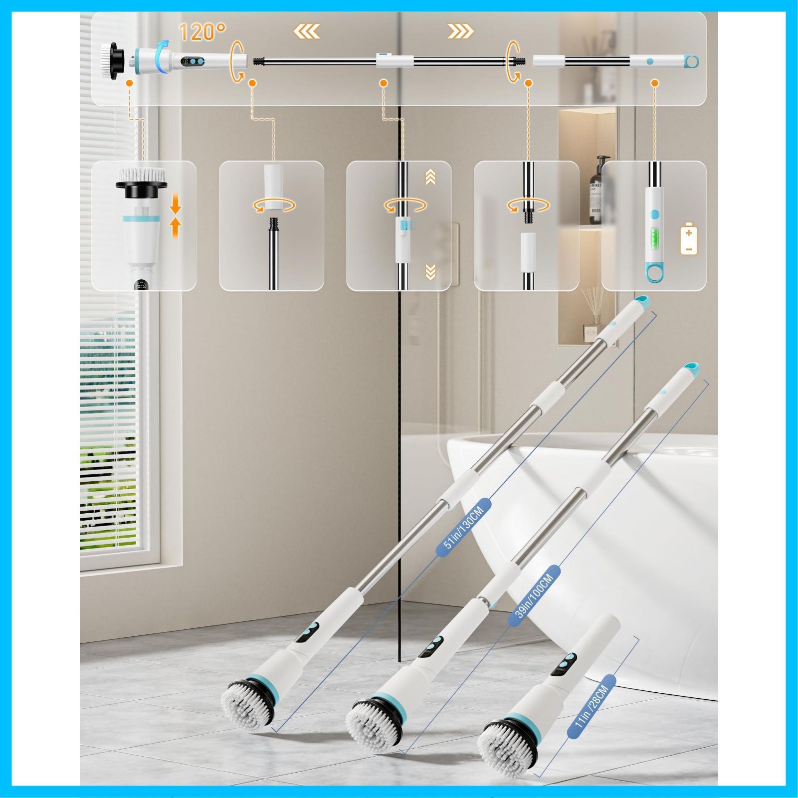伸縮式で長さ調節 120°と180°二つの角度調整 3段階回転速度 IPX7防水 2つの制御方法 LEDディスプレイ 収納袋付き 最大150分間連続使用 強力 手持ち 9つの取り替えブラシ付き 床 窓 壁 台所 バスポリッシャー 玄関の掃除 浴槽磨