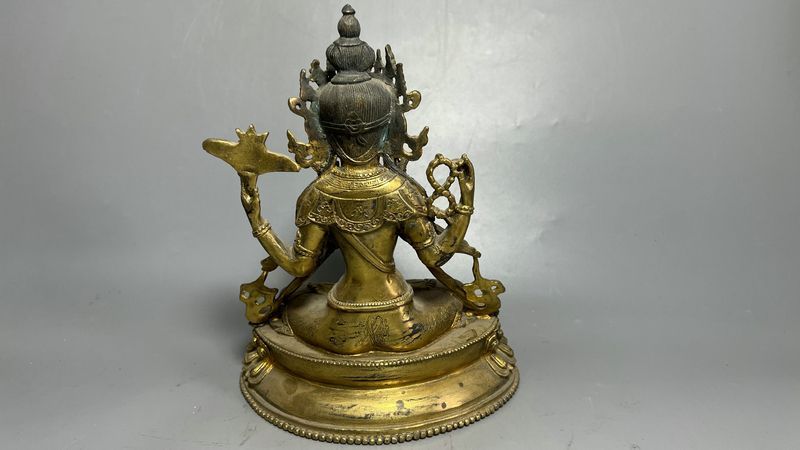 蔵友旧蔵出・銅製・金鍍・寶石嵌・四臂觀音仏像』・極細工・中国