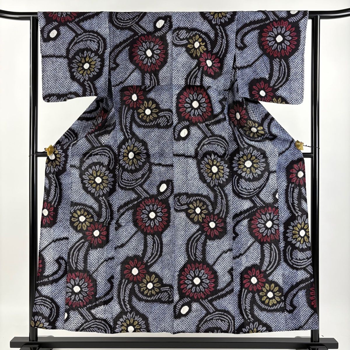 浴衣 身丈154cm 裄丈61cm S 絞り浴衣 菊 濃紺 綿 名品