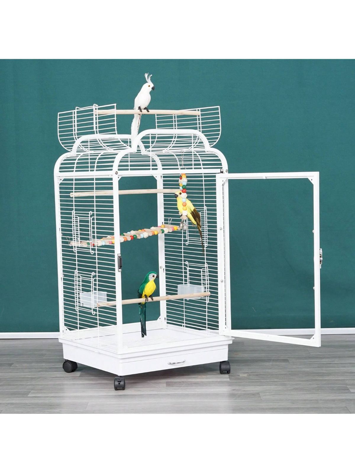 鳥かご 前後透明アクリルパネル 飛び散り防止 バードケージ 鉄製 頑丈 オープントップ 掃除しやすい インコ ケージ セキセイインコ オカメインコ 文鳥 ボタンインコ適用 ホワイト 幅46×奥行43×高さ86cm