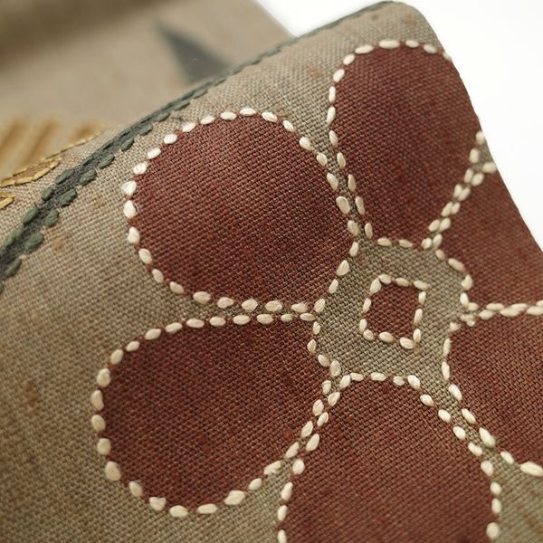 新古品】 袋帯 刺し子 刺繍 縦節紬 手刺繍 正絹 絹 手染め オリーブ