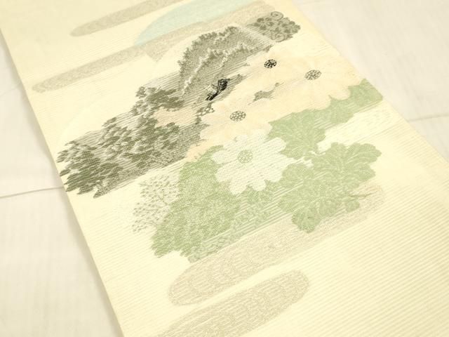 平和屋着物＊夏物 アンティーク 大正ロマン 丸帯 風景草花文 銀糸 正絹 DAAW4509cm