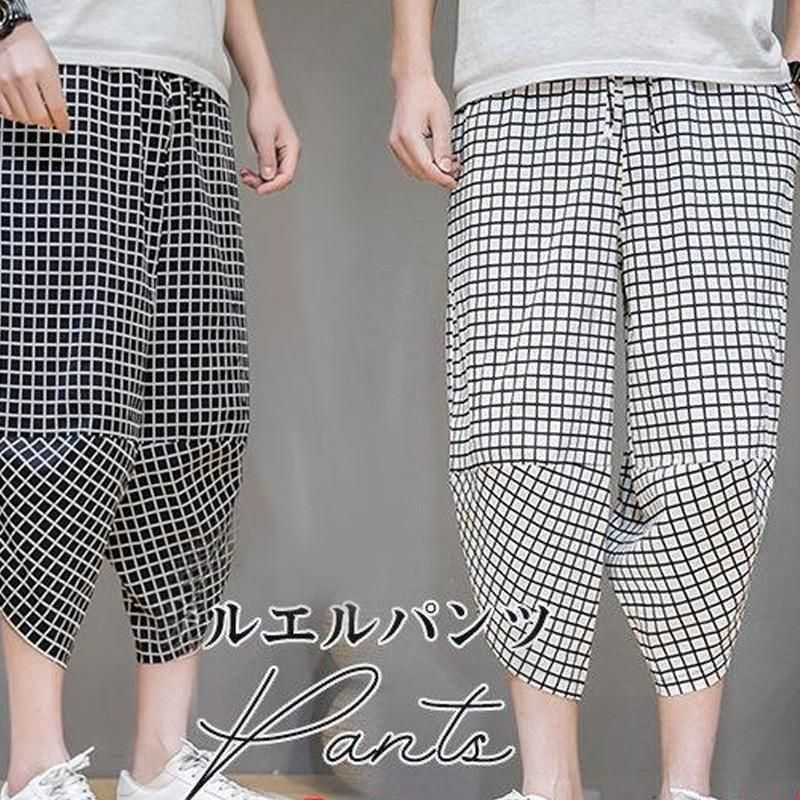 夏 サルエルパンツ ワイドパンツ エスニック チェック柄 メンズ アジアン 7分丈 大きいサイズ ヨガ 柄 ボヘミアン 楽チン ゆるっと 履き心地