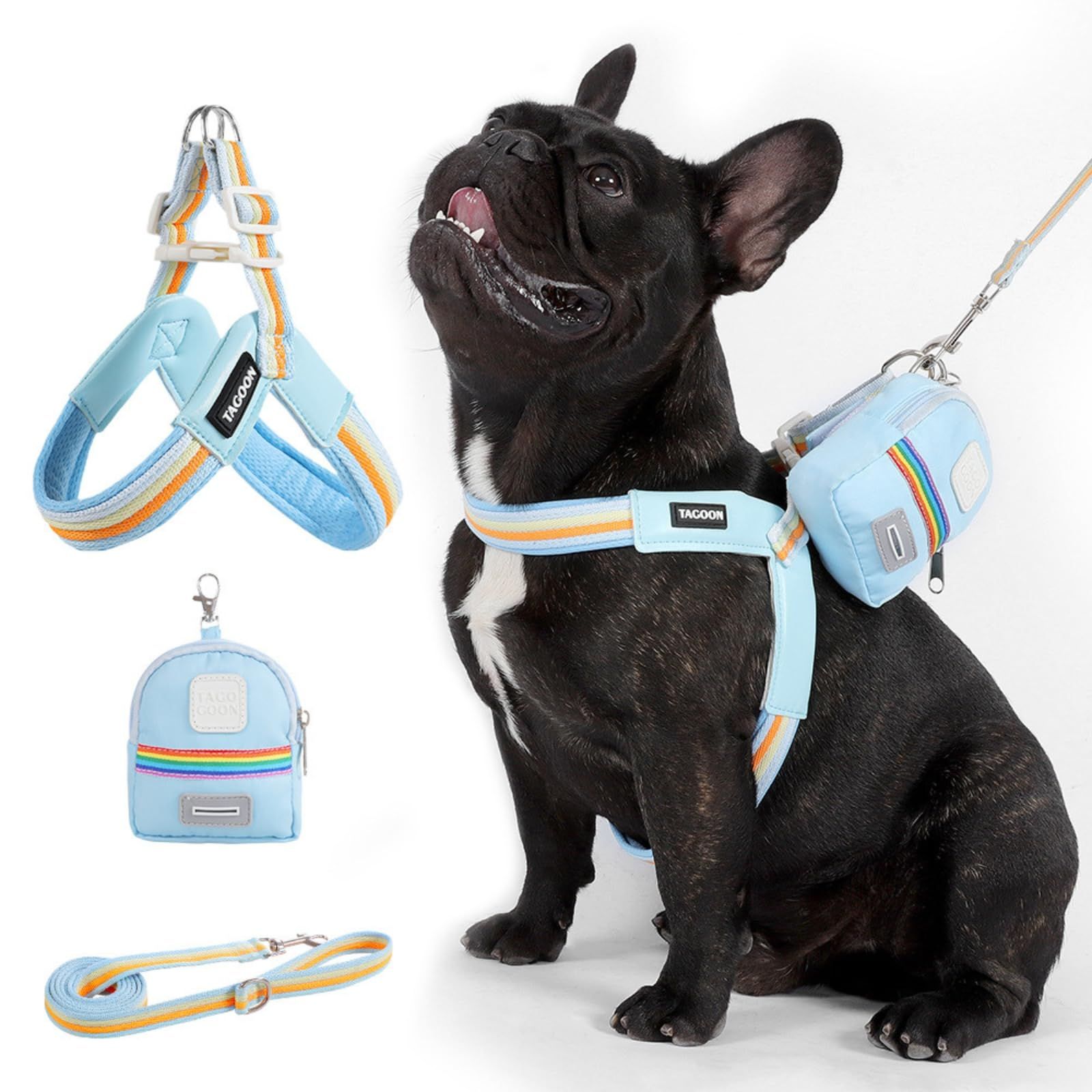 新品 GIIPET 犬 ハーネス リード セット 小型犬 中型犬 用 彩虹デザイン 胴輪 V字型 通気性 メッシュ 軽量 柔らかい PU革 着脱簡単 調節可能 引っ張り防止 おしゃれ 可愛い ポーチ付き 散歩/お出かけ (ブルー XS（1.5-3kg）)