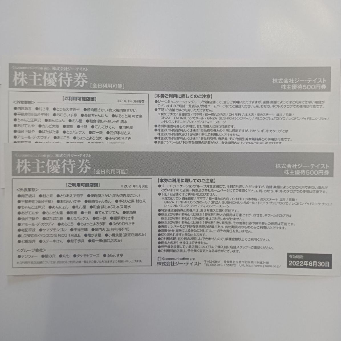 株式会社ジー・テイスト焼肉坂井ホールディングスの株主優待券1000円分