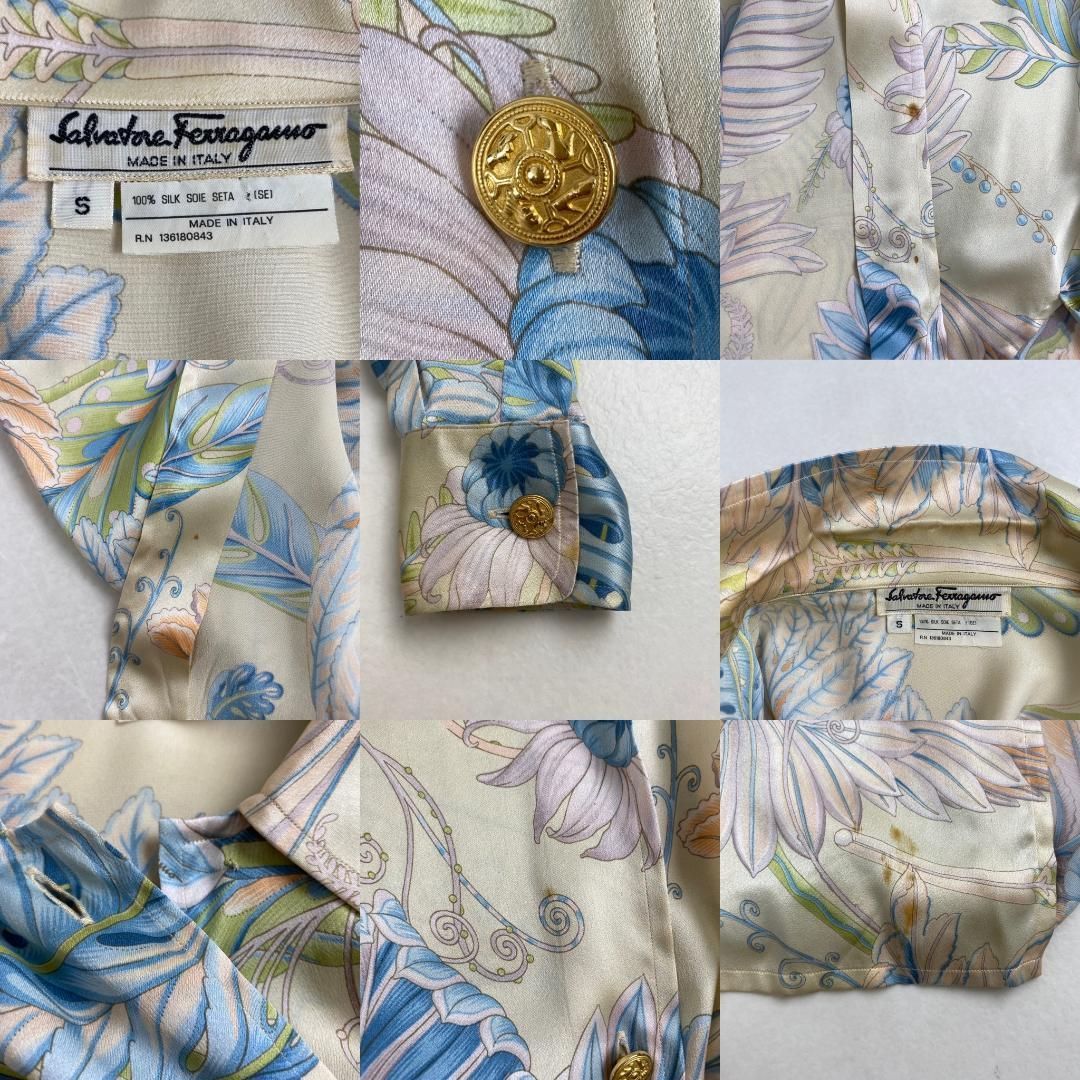 サルヴァトーレフェラガモ　高級シルク100% ブラウス 花柄　動物　総柄　ブルー Salvatore Ferragamo サルヴァトーレフェラガモ 長袖ブラウス