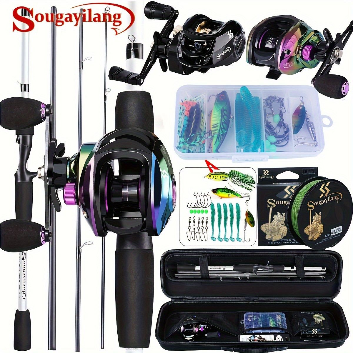 Sougayilang 釣り具ボックスセット - 4セクション 198.12cm フィバーグラスロッド 7.2 1 バイトキャストリール ミックス ラインルアアクセサリー 両手用 メディアムパワー ランダム セレクション ポータブル釣り具|スタ