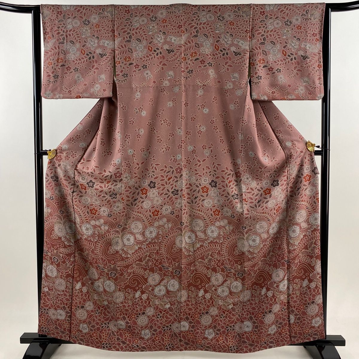 訪問着 身丈163cm 裄丈63.5cm S 袷 辻が花柄 草花 ぼかし 小豆色 正絹 秀品