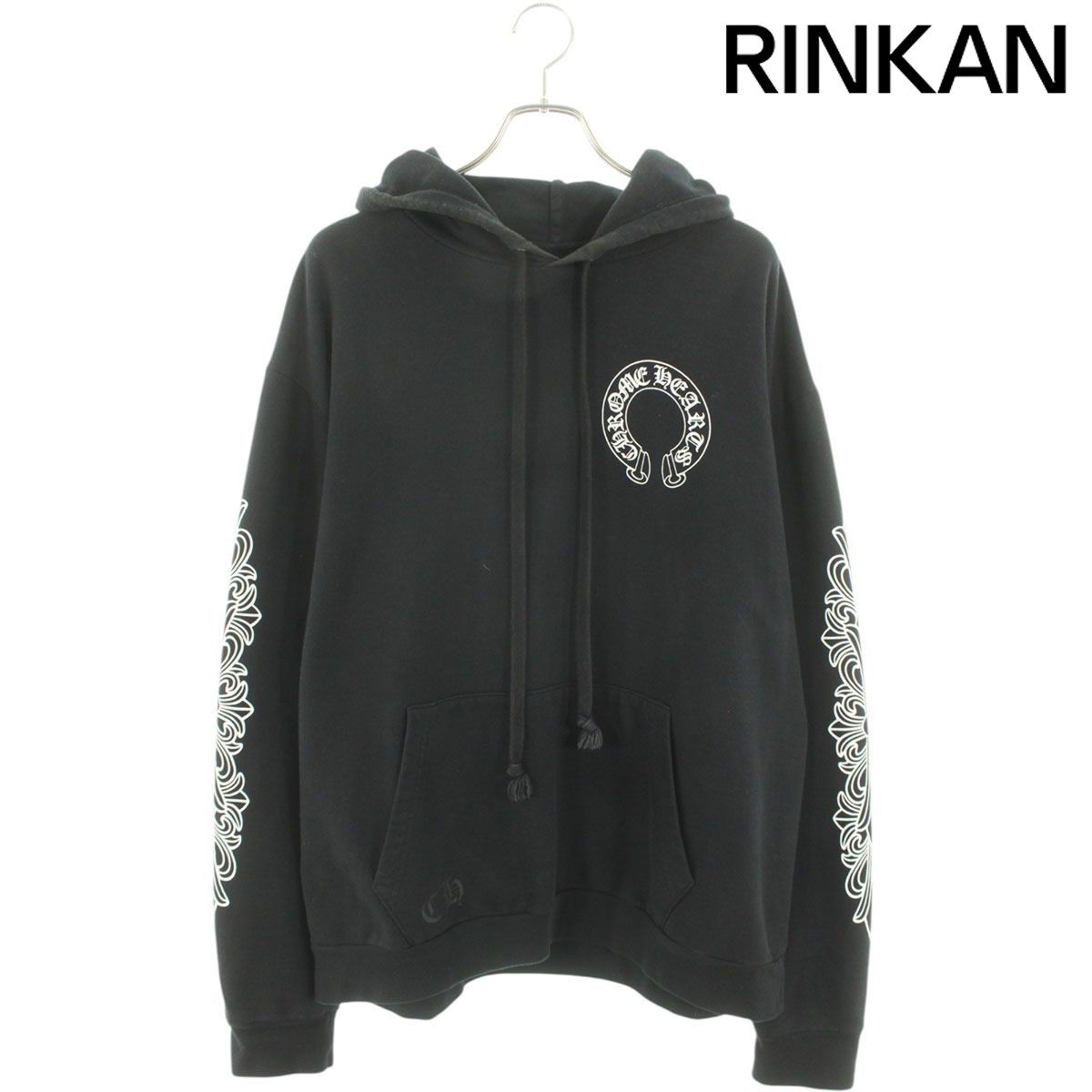 クロムハーツ ×ブラック  SWTSHRT PLVR プルオーバーパーカー 袖フローラルホースシュープリントプルオーバーパーカー メンズ L
