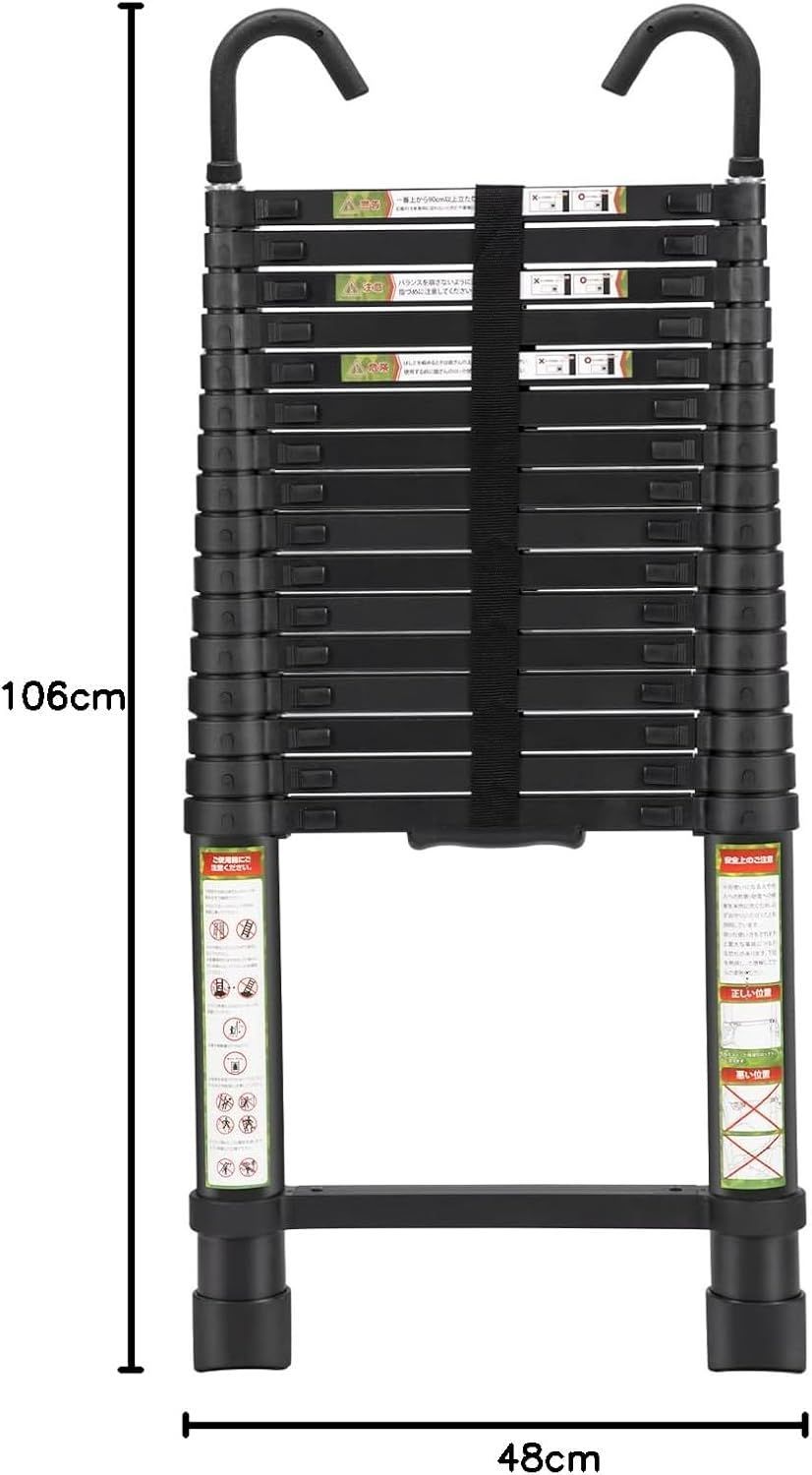 フック付きブラック.6.2ｍ 伸縮はしご 耐荷重150kg 軽量 持ち運びやすい 折り畳み 伸縮梯子 多機能アルミはしご 自動ロック スライド式 伸縮自在 梯子 室内室外両用 スライド式 HRDEVELOPMENT_JP