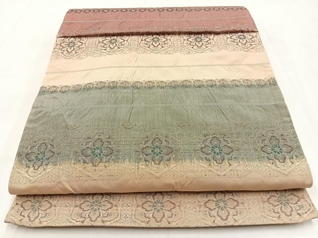 平和屋着物◎全通柄袋帯 ふくれ織 横段亀甲花菱文 金糸 正絹