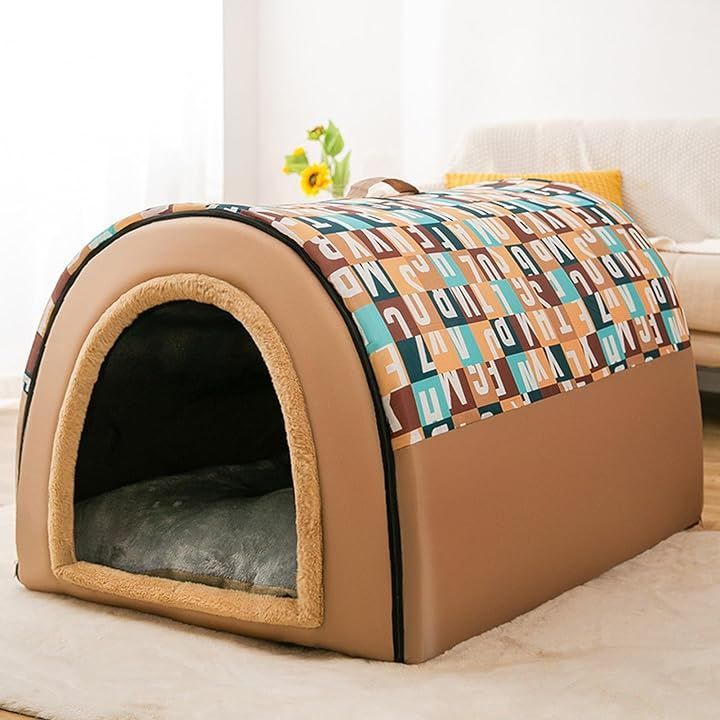 xinxin-home ペットベッド 犬猫用ハウス クッション付き テント式 お手入れ簡単 オールシーズン適用 折りたたみ可 室内用 組み立て簡単 ブラウン XL|18 kg以内|幅75 cm