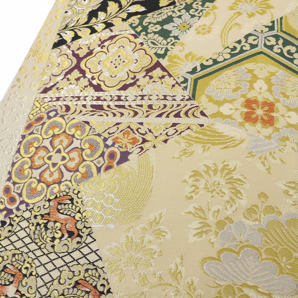 袋帯 正絹 両面双図 ベージュ 紫 菊 うさぎ 辻が花 花唐草 華文