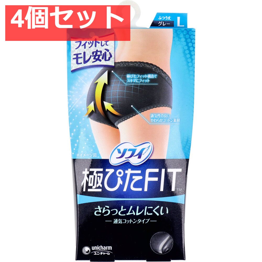 ソフィ 極ぴたFIT 通気コットンタイプ Lサイズ グレー 1枚入 4個セット まとめ売り