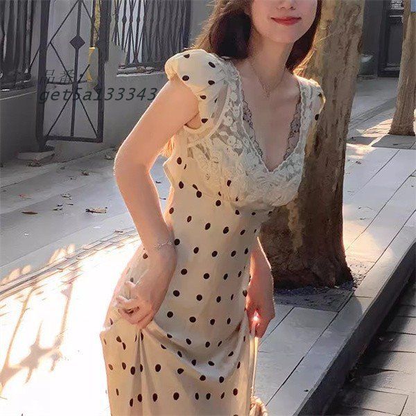 Vネック 春ワンピース ロング丈 夏 パーティードレス 痩せ見え ロングスカート 丸い点柄ワンピース ウエストを引き締め get5a133343