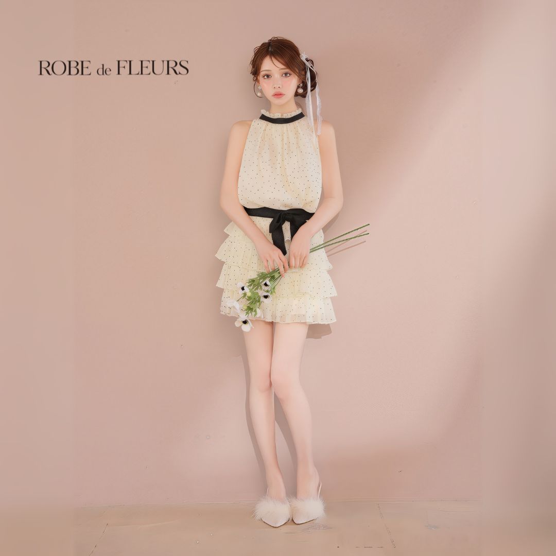 ROBE de FLEURS ローブドフルール fm3396 ドットオーガンジーウエストリボンティアードフ ミニキャバドレス Ivory