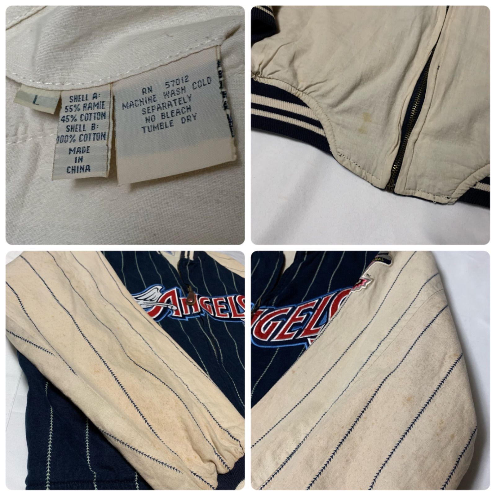 90s MIRAGE “ANAHEIM ANGELS” Reversible Cotton Stadium Jacket ミラージュ アナハイム・エンゼルス コットンスタジアムジャケット スタジャン リバーシブル ネイビー ライトベージュ Lサイズ MLB