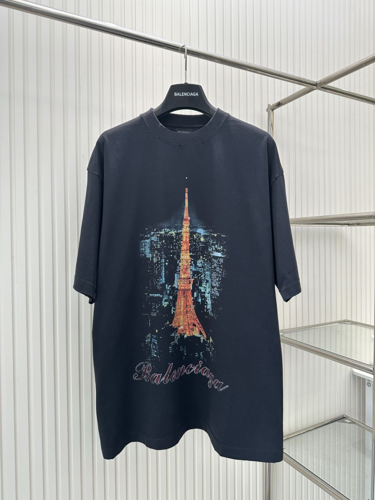 BALENCIAGAパリの旧家プリント限定鉄塔夜景半袖Tシャツ