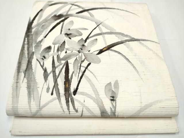 平和屋着物○九寸開き名古屋帯 作家物 手描き 紬地 草花文 金彩 正絹