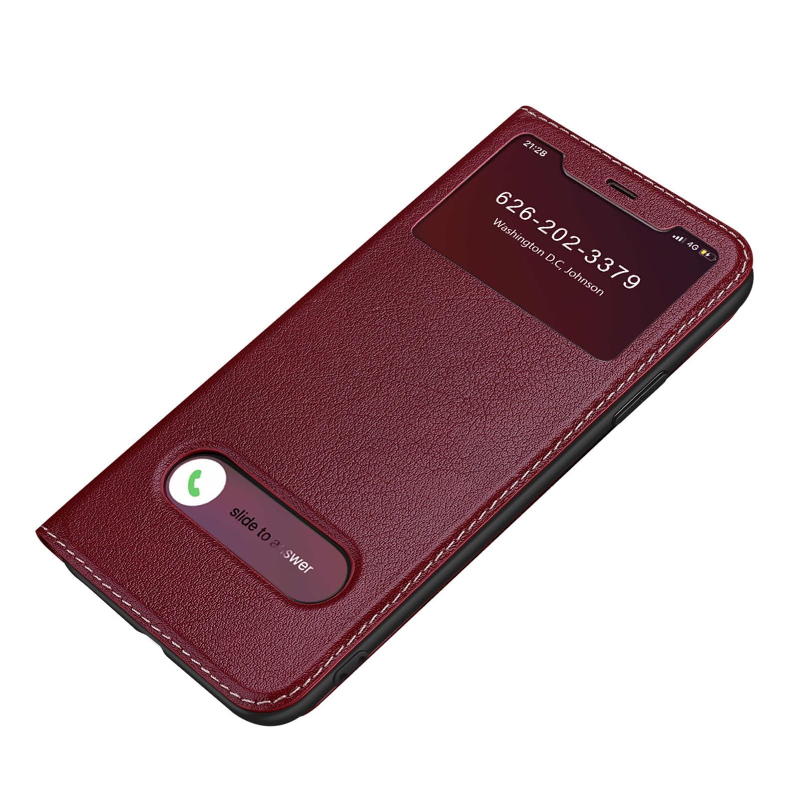 【在庫処分】手帳型 窓付き ケース 薄型 本革カバー スタンド機能 ストラップホール付き 用 シンプル マグネット式 ビズネス風 iPhone15 耐衝撃 TPU 保護ケース(レッド)