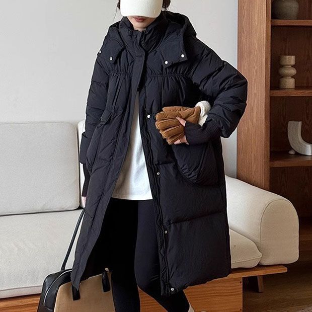 ホワイトダックダウン ロングコート ブラック ゆったりサイズ