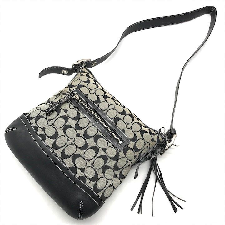 美品 COACH コーチ シグネチャー キャンバス レザー フリンジ  