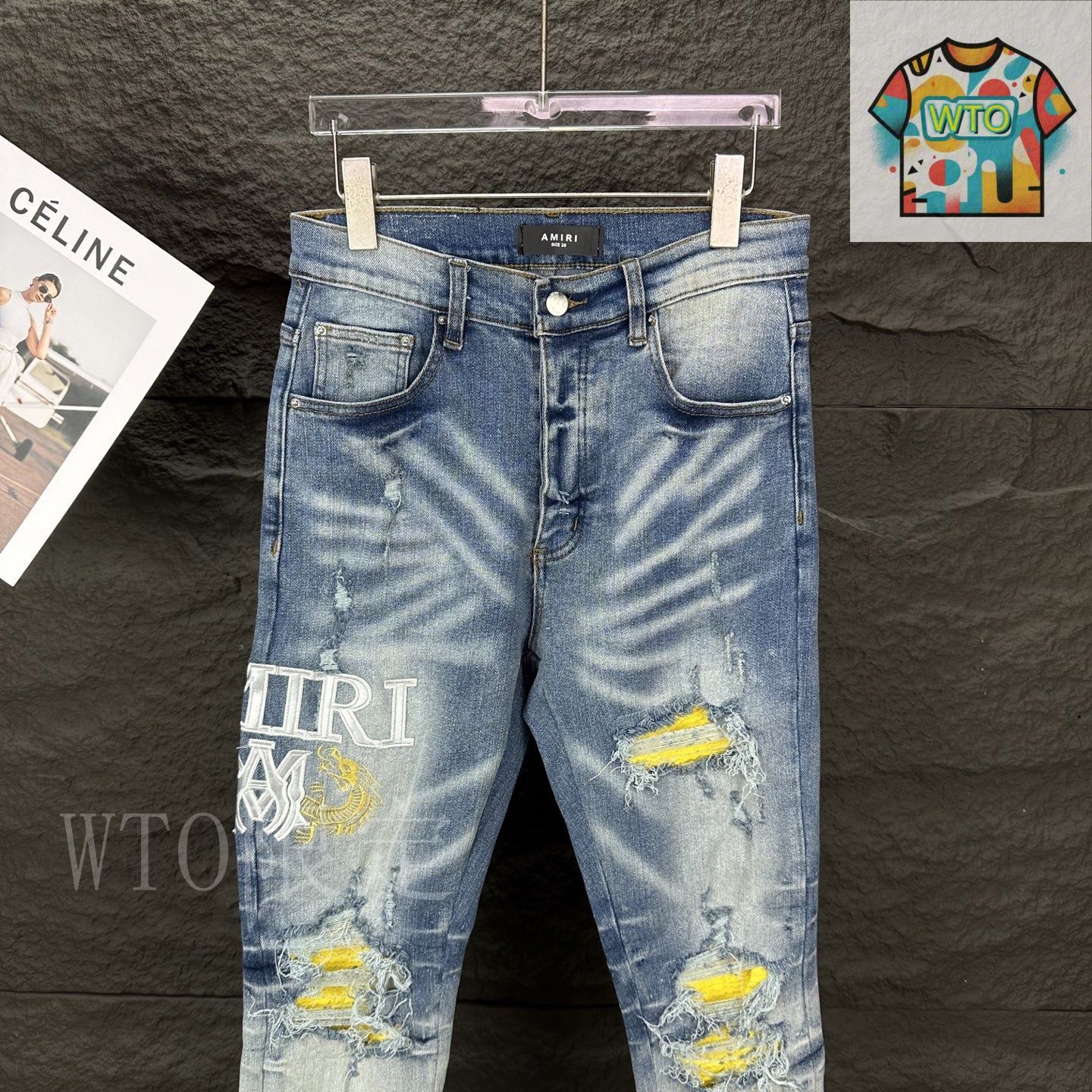 ジーンズ【AMIRI】関税込み送料無料 ロークロッチ ロゴ コットン 今日特価】AMIRI 2025 刺繍ロゴ イエローパッチ カップル