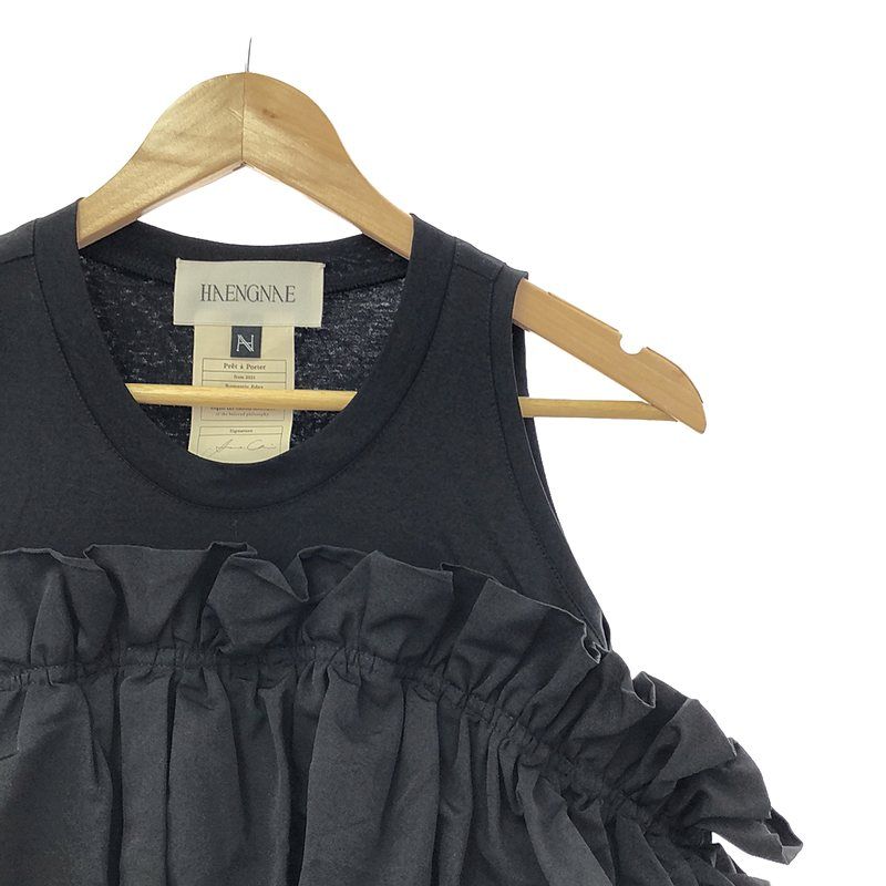 【美品】  HAENGNAE / ヘンネ | SHUMAI BALOON TOP フリル ギャザー 異素材ドッキング ノースリーブ トップス | F | ブラック | レディース 美品】 HAENGNAE / ヘンネ | SHUMAI BALOON TOP フリル ギャザー
