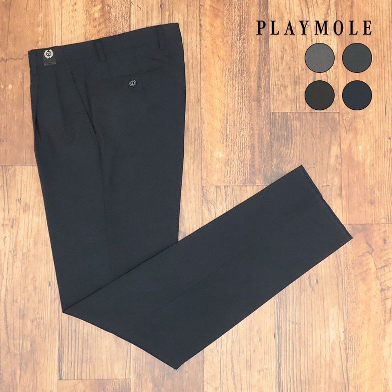 PLAYMOLE/76cm/スラックス パンツ 清涼サマーウール 無地 ツータック 上品 クラシコ 美脚 新品/黒/ブラック/id416/