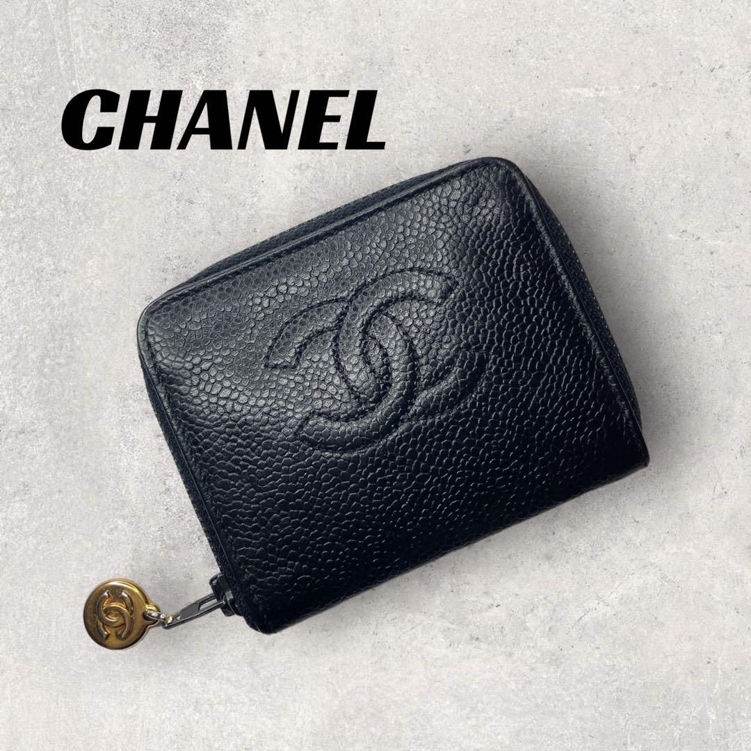 良品】CHANEL キャビアスキン ブラック コインケース ラウンドジップ