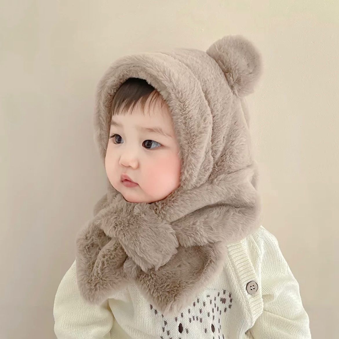 クマ耳ニット帽　マフラー付き　可愛い　レディース　韓国