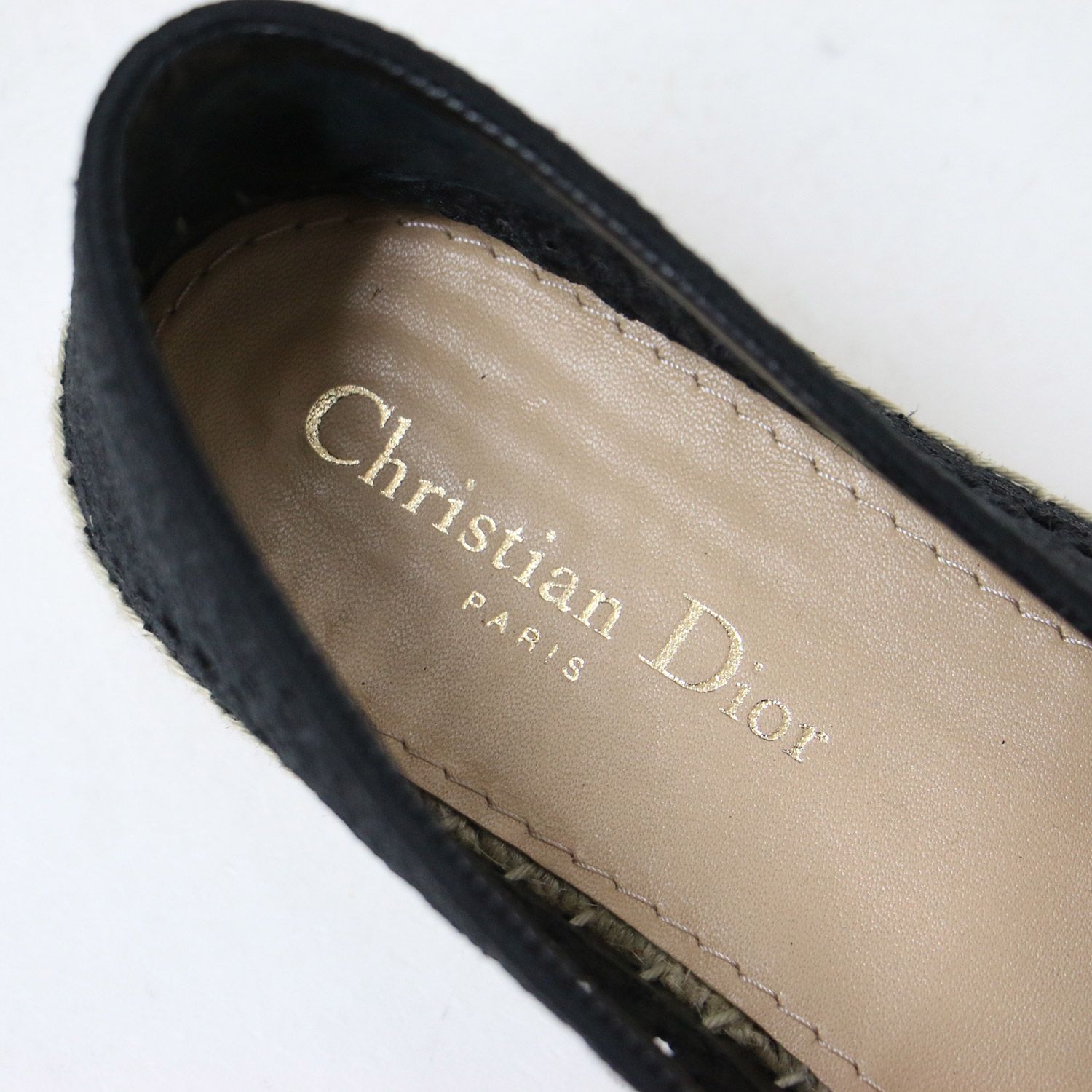 美品 Christian Dior クリスチャンディオール シューズ フラット ブラック 黒 37 1/2(24.5cm) エスパドリーユ ロゴ  メッシュ ジャガード キャンバス レザー【レディース】