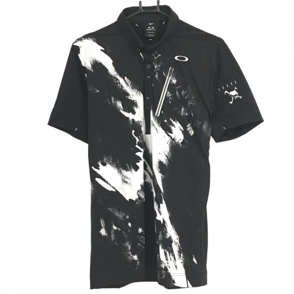 オークリー 半袖ポロシャツ 黒×白 前身頃総柄 メンズ L ゴルフ