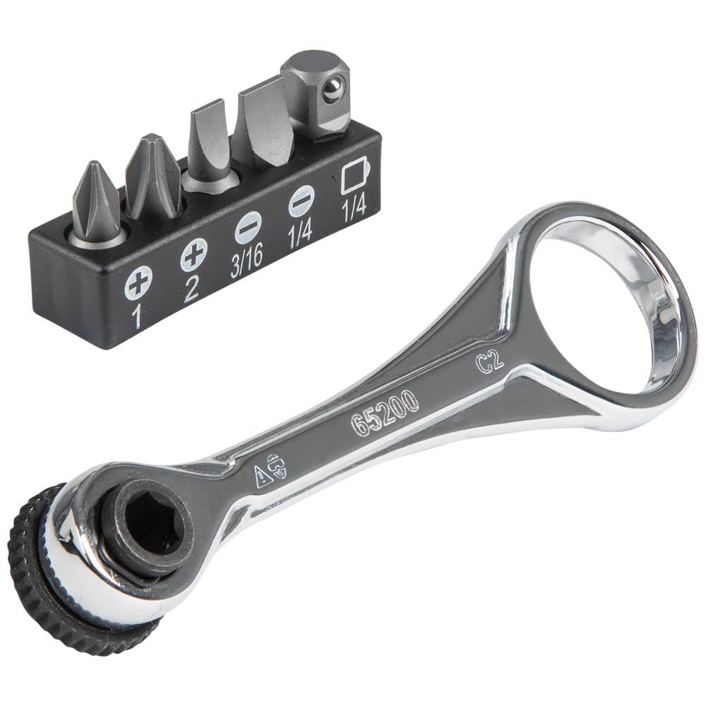 Klein Tools 65200 Ratchet Set 5-Piece Mini Ratchet Set with Phillips Slotted and Adapter for Other Socket Sizes For Tight Spa