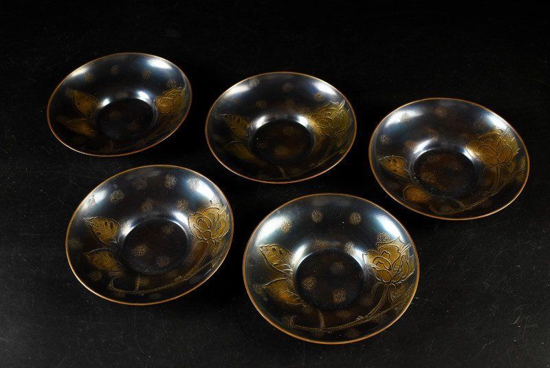 蔵A3182d 玉川堂 鎚起銅器 薔薇茶托 托子 五客 共箱 無形文化財