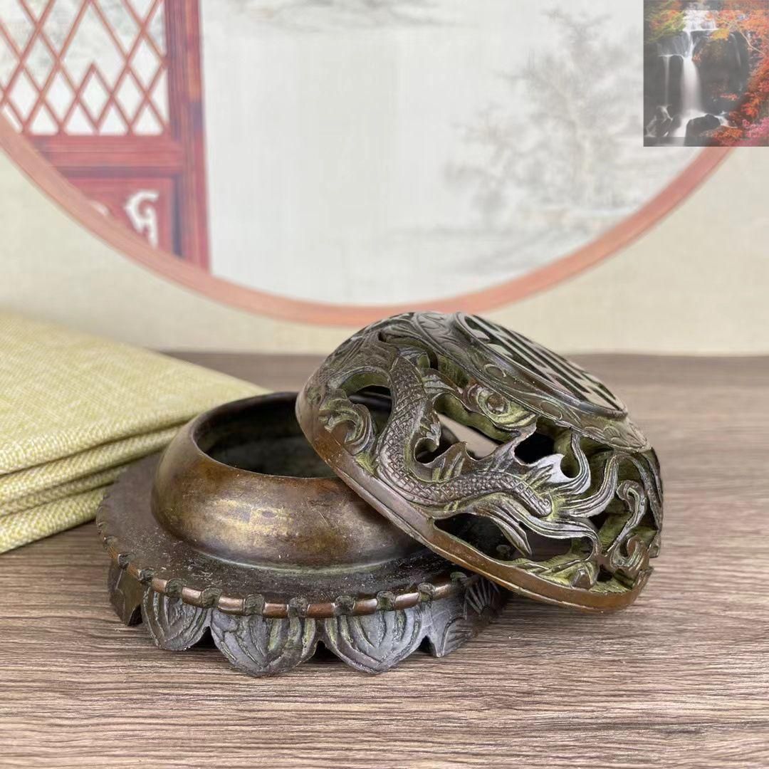 銅細工 銅香炉 四方双龍香薫炉 香道具 装飾品 工芸品 美術品 置物 銅製 双龍蓋香炉 円形香炉 香道具 装飾品 工芸品 美術 置物