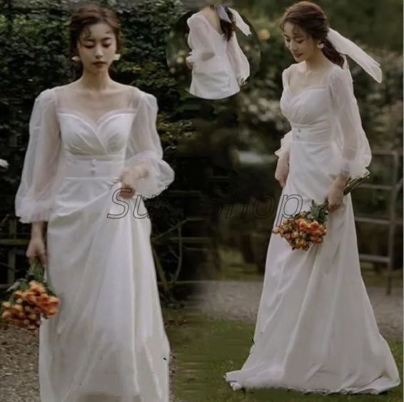 ウェディングドレス 二次会 花嫁 結婚式 Aライン 長袖 シンプル ウエディングドレス 安い 白 ブライダル 披露宴 発表会 前撮り お呼ばれ フ