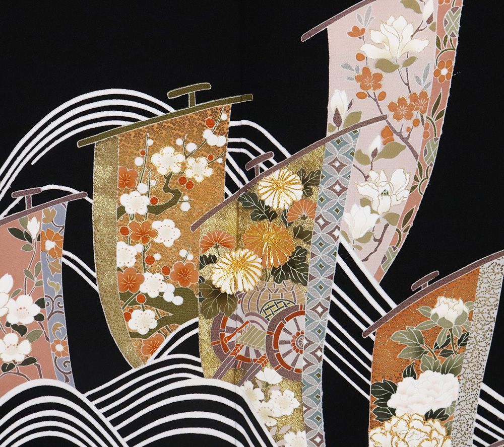 黒留袖 袷 正絹 帆船 桜 菊 松竹梅 SSサイズ 比翼仕立て ki29785