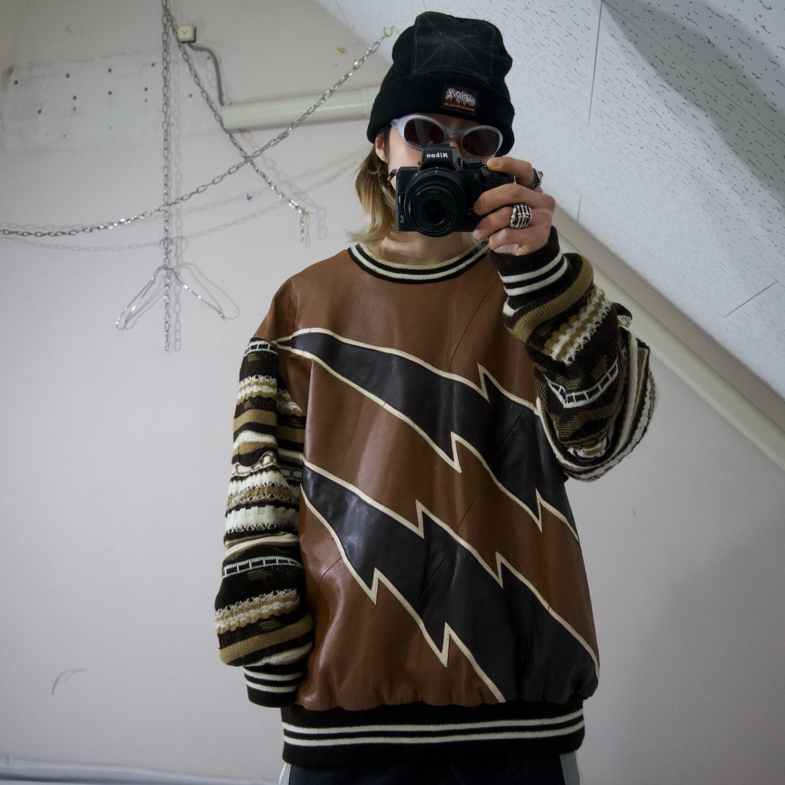 90s MANART Leather×Acrylic 3D Knit Sweater 90年代 ヴィンテージ 