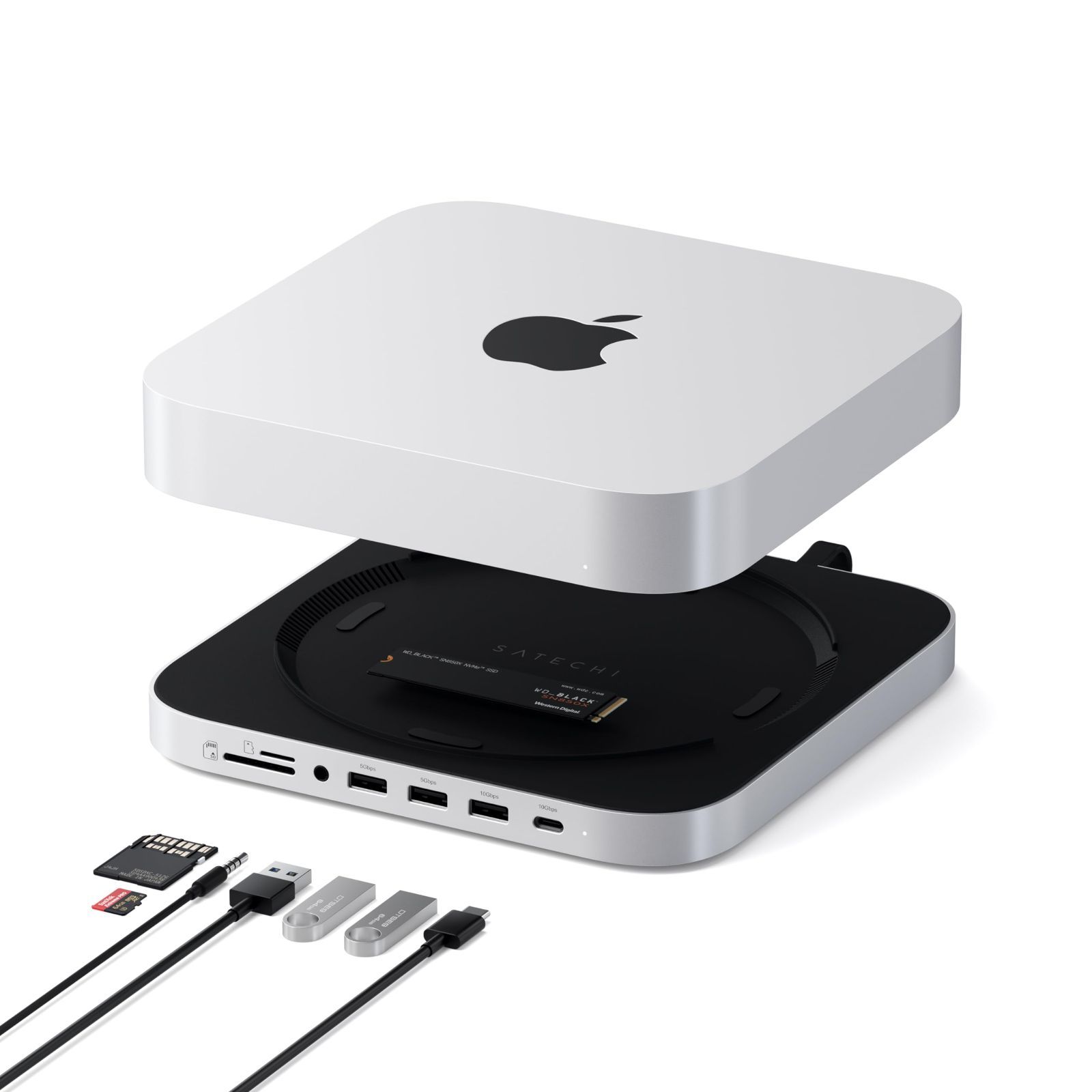 【新着商品】ヘッドホンジャックポート USB-A(10/5Gbps) スタンド Micro/SDカードスロット USB-Cデータポート(10Gbps) Studio対応) Mac USB /M1 M2 Mini ハブ (Mac SSDスロット NVMe/SAT