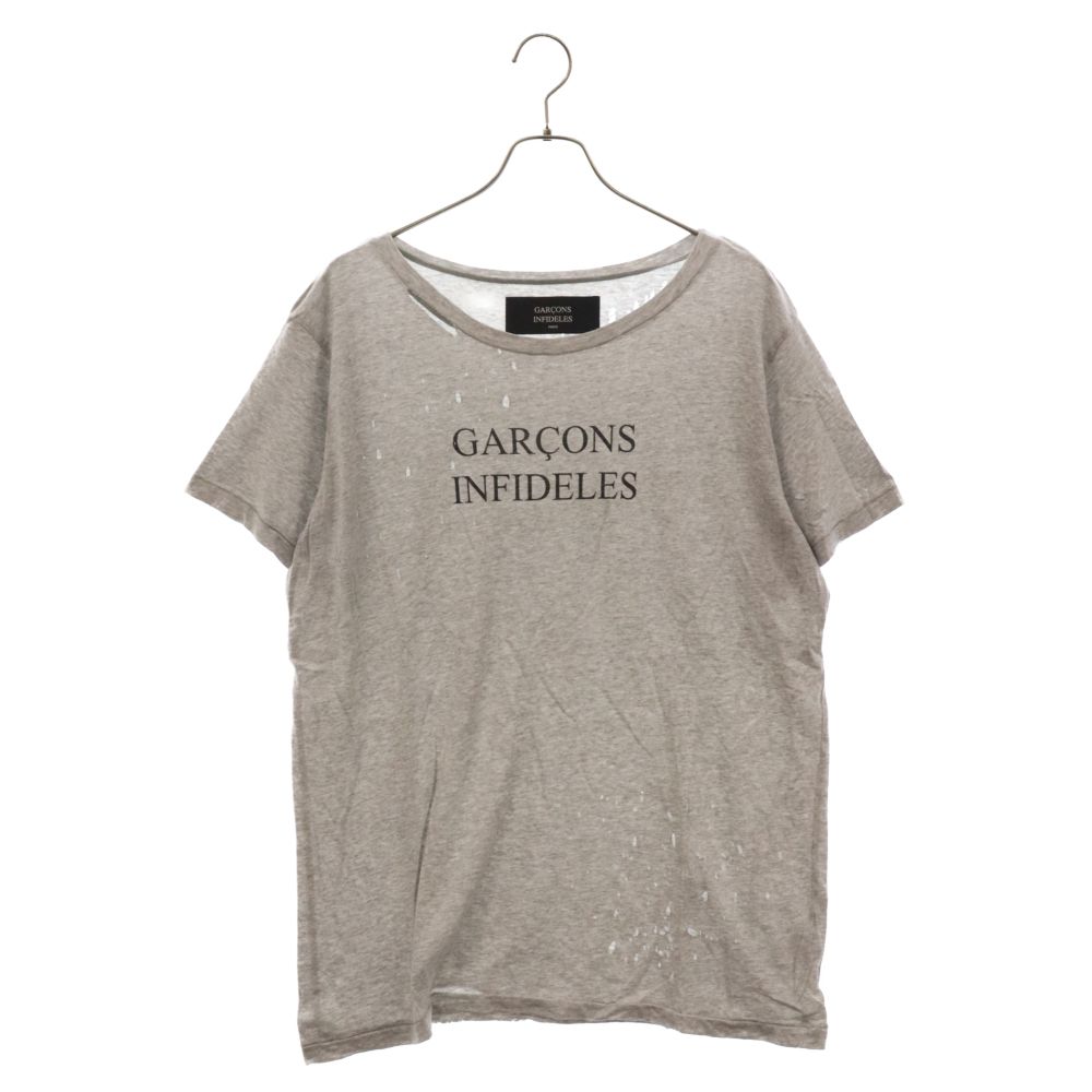 GARCONS INFIDELES (ギャルソン インフィデレス) ロゴプリントデストロイ加工Tシャツ グレー