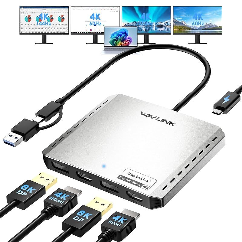 新着商品 WAVLINK 4Kモニター用のUSB C?HDMI|DPアダプター Mac|Windows用拡張Quadディスプレイ デュアル8 kまたはQuad HDMI 4Kスプリッター DPポートは120Hzのハイリフレッシュを対応 パソコン用PD85 1