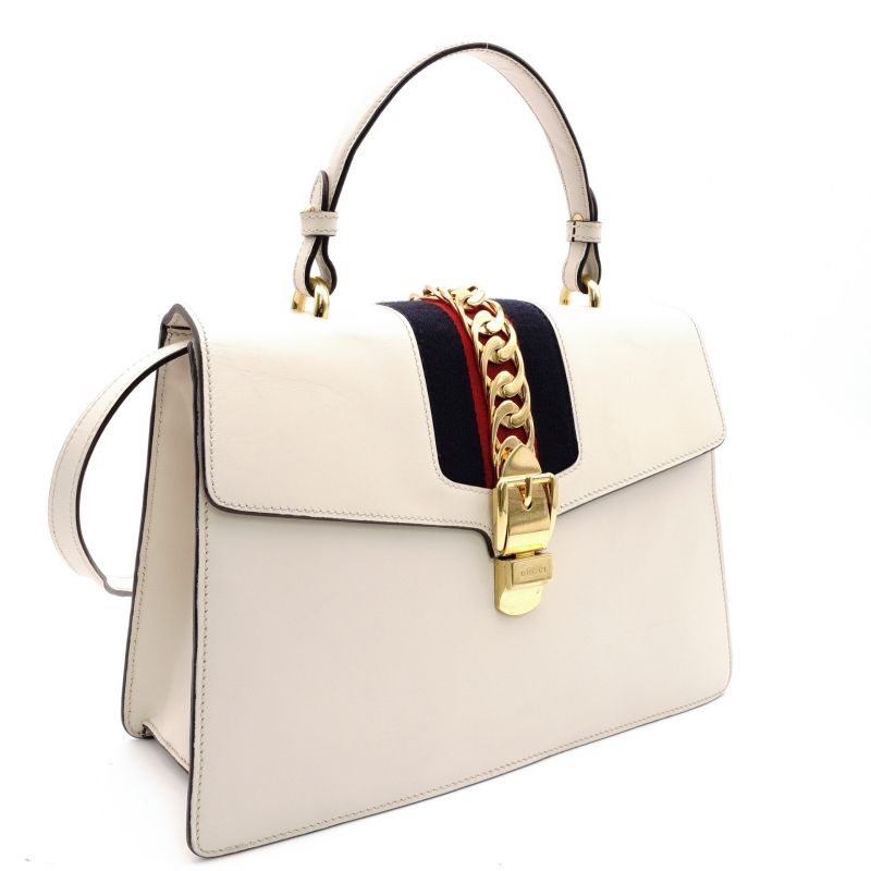 グッチ GUCCI シルヴィ ハンドバッグ 2way シェリーライン ホワイト レザー 白 ショルダー ゴールド金具 7-8-589