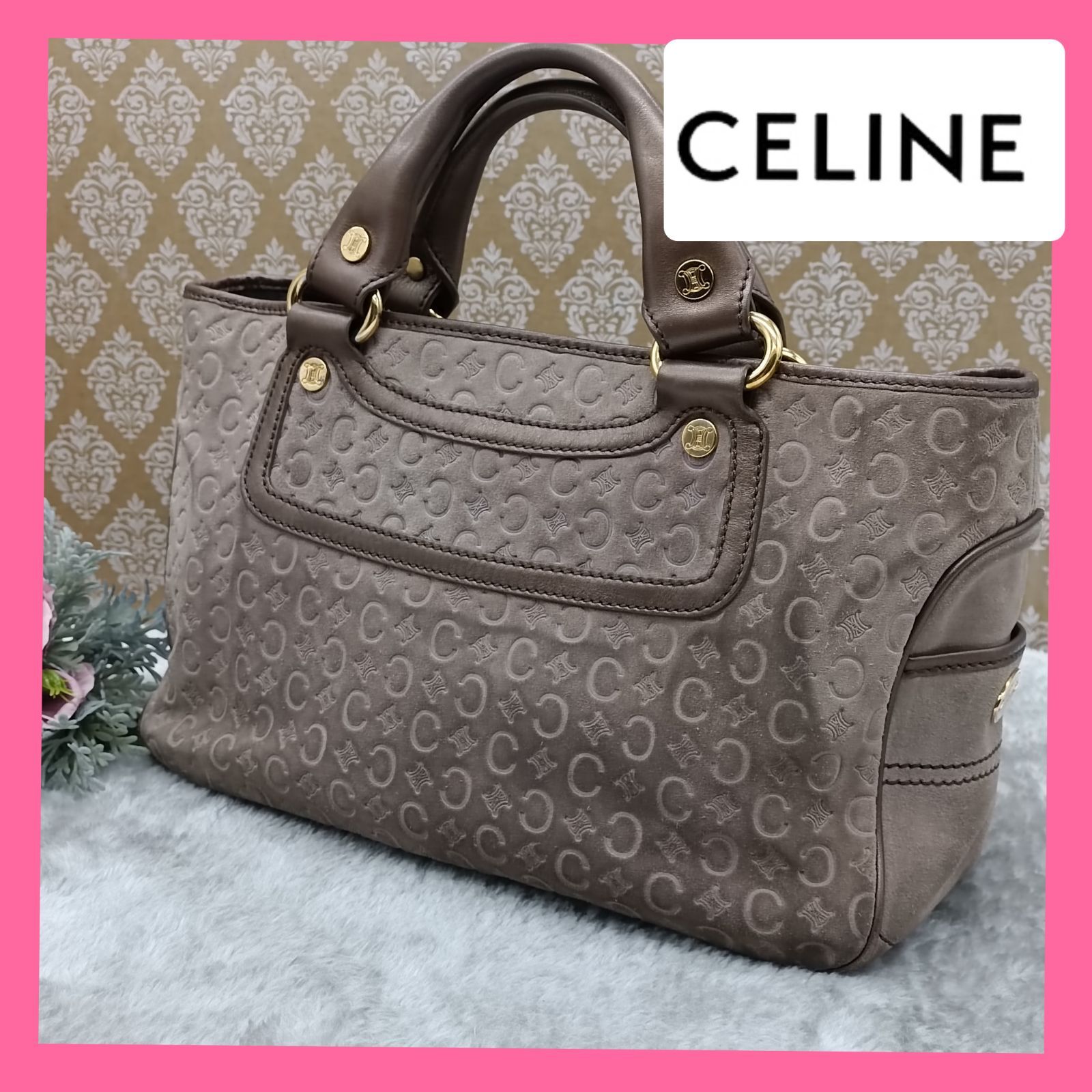 《 CELINE 》　セリーヌ　ブギーバッグ　ハンドバッグ　スエード　Cマカダム　総柄　ブギー　トリオンフ　底鋲付　ベージュ系　ブロンズ　 送料無料・匿名配送・最短即日発送いたします！　242