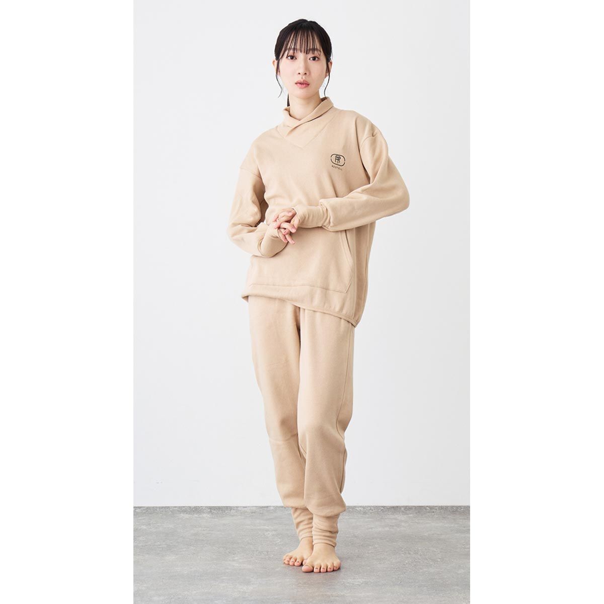 ルームウェア レディース メンズ 部屋着 パジャマ 上下セット RESTELL レステル スウェット 遠赤外線プリント 発熱 裏起毛 暖かい 寝巻き ナイトウェア ユニセックス 男女 秋冬 3-ベージュ