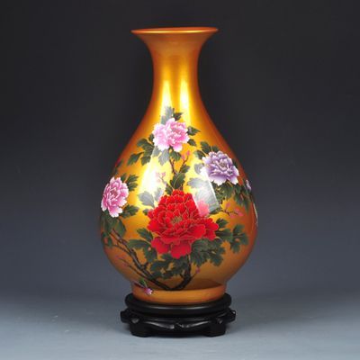 置物 花瓶 鮮やかな色合い 牡丹の花デザイン 骨董風 陶磁器製 (イエロー， Cタイプ)