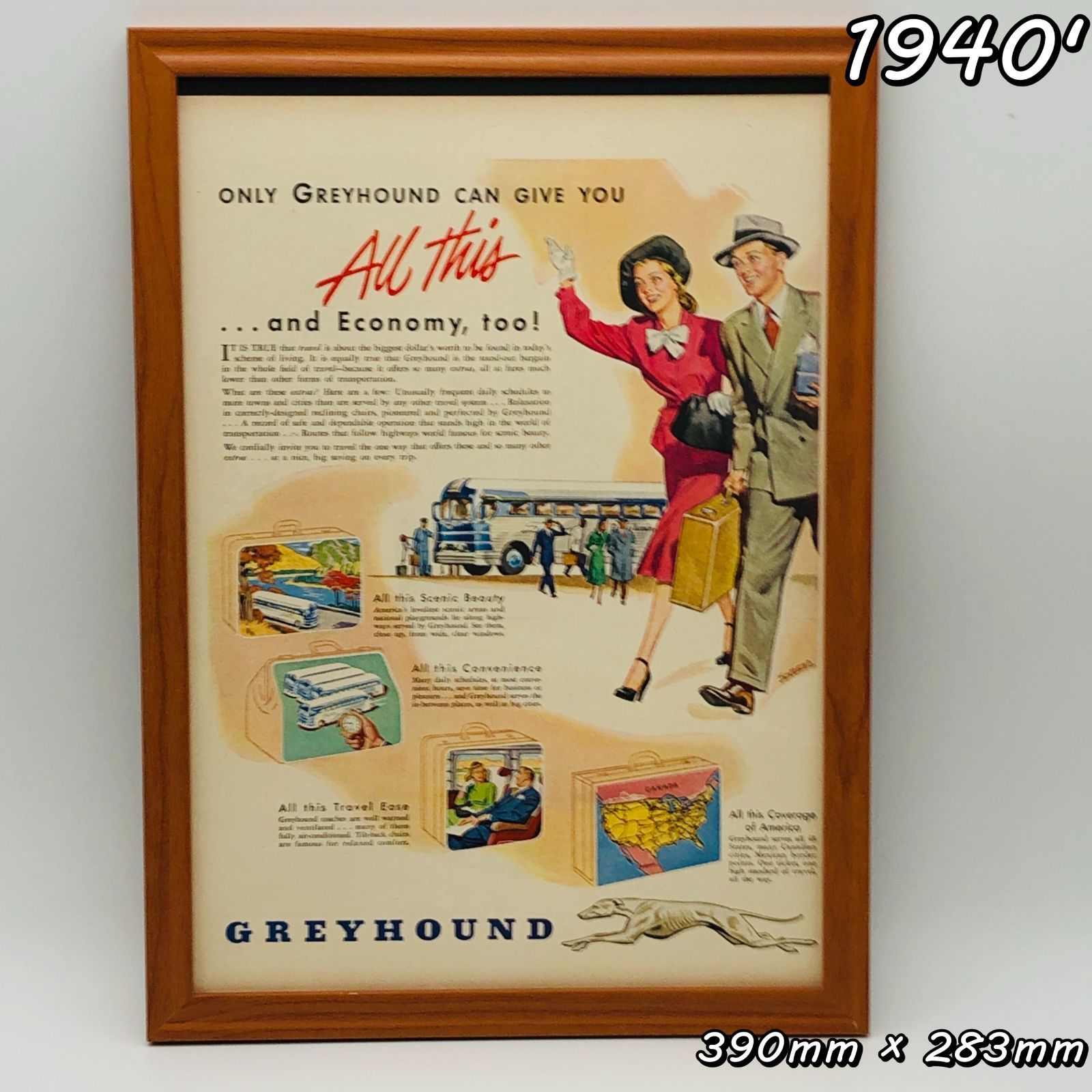 ビンテージ 広告　ポスター フレーム付　　『 グレイハウンド (Greyhound) 』　1940's　※当時物　オリジナル アメリカ 輸入雑貨　 ヴィンテージ　アドバタイジング レトロ　 ( AZ1607 )