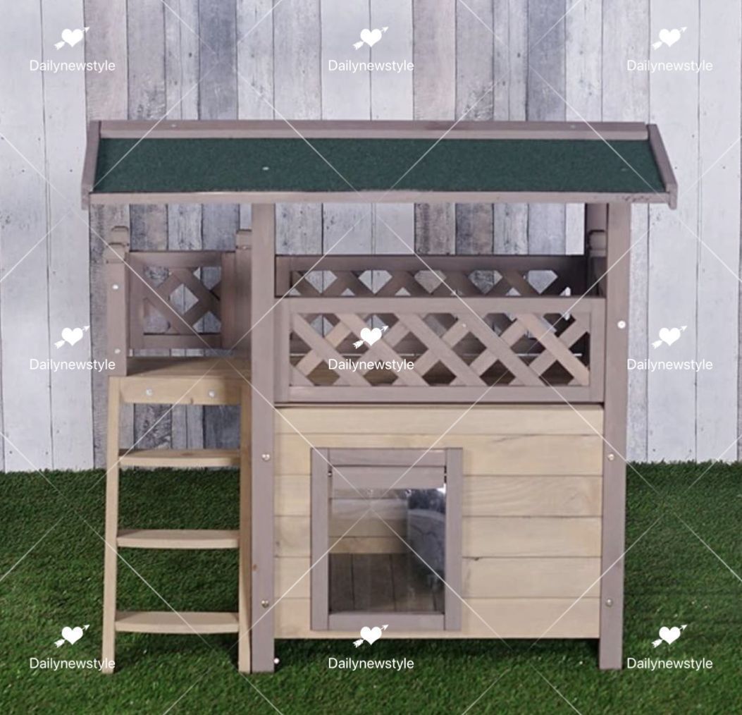 人気推薦◆木製キャットハウス屋外防水ペットハウス2階建てキャットハウスキャットヴィラ階段付きハウスキャットハウスドアフラップ付き